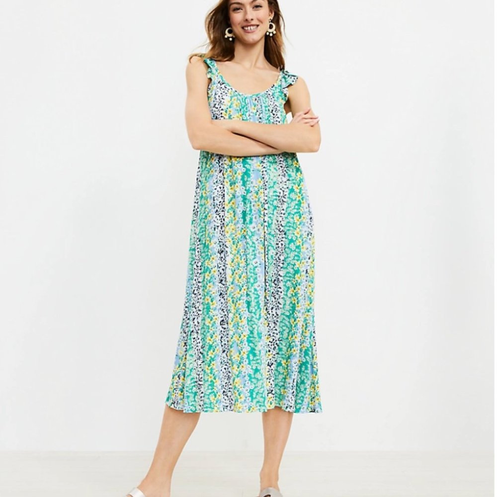 Loft Floral Ruffle Strap Midi Dress with Tie